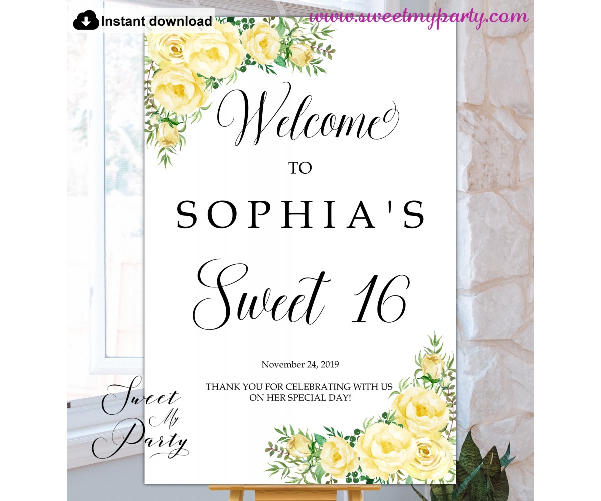 Yellow Flowers Sweet 16 Welcome sign template,110